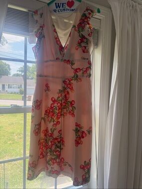 Yoana Baraschi Pink Cherry-Print V-Neck Ruffle Midi Dress